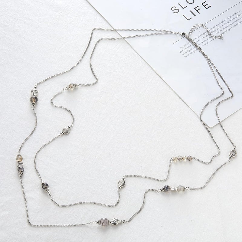 BULINLIN Layered Silver Long Necklace for Women Turquoise Stone Beaded Strand Sweater Chain Necklaces Fashion Costume Jewelry Gifts for Mom - Image 2